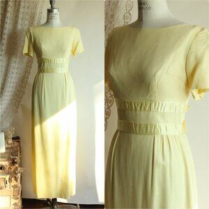 Vintage 1970's Dress, Yellow Full Length Maxidress, Empire Waist Regency Style